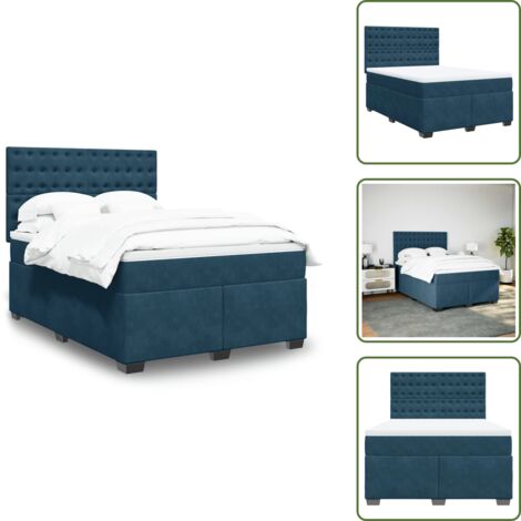 Sommier à lattes de lit et matelas bleu 140x190 cm velours - Lit Double - Literie - Chambre À Coucher - Matelas À Ressorts Ensachés - Tête De Lit Réglable