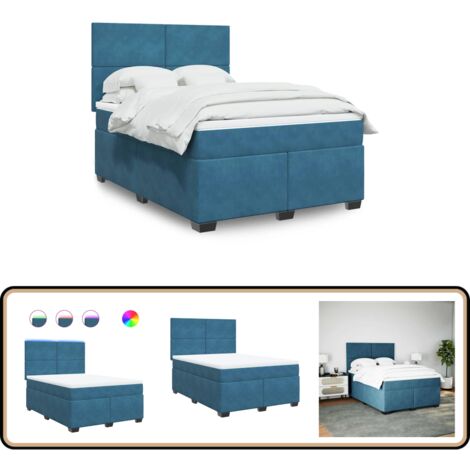 Sommier à lattes de lit et matelas bleu 140x190 cm velours - Lit Plateforme - Lit Design - Lit Moderne - Lit Avec Éclairage Led - Matelas À Ressorts Ensachés