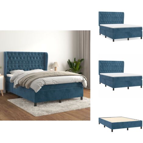 Sommier à lattes de lit et matelas Bleu foncé 140x190cm Velours - Lit Double - Lit Velours - Lit Design - Literie - Chambre À Coucher