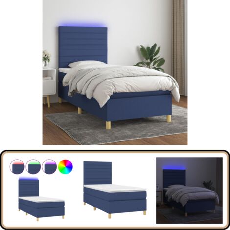 Sommier à lattes de lit et matelas et LED Bleu 90x200 cm Tissu - Sommier Tapissier - Lit Bleu - Matelas Ressort Ensaché - LED - Chambre À Coucher