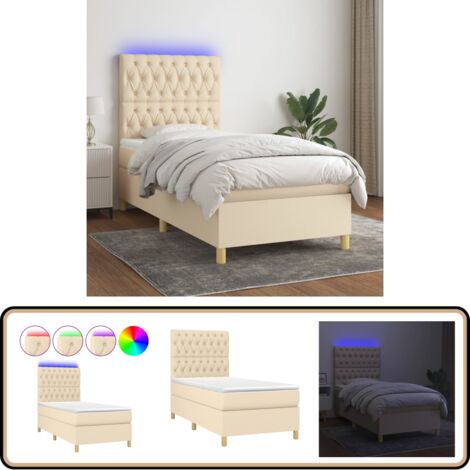 Sommier à lattes de lit et matelas et LED Crème 90x200 cm Tissu - Sommier Tapissier - Lit Plateforme - Lit Avec Rangement - Lit Design - Lit Moderne