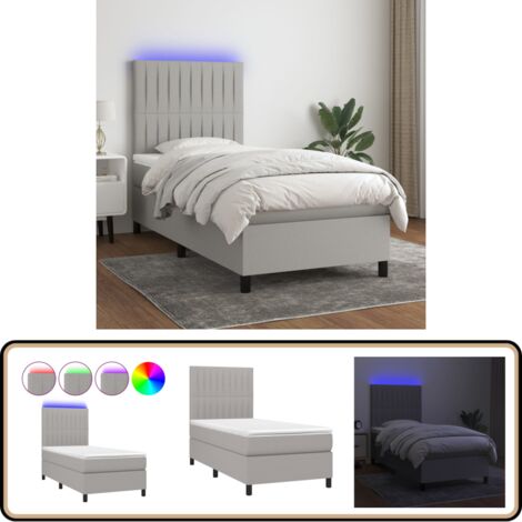Sommier à lattes de lit et matelas et LED Gris clair 100x200 cm - Sommier Tapissier - Lit Plateforme - Lit Avec Led - Matelas À Ressorts Ensachés - Têtière Ajustable