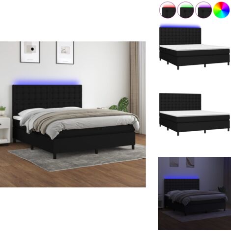 Sommier à lattes de lit et matelas et LED Noir 160x200 cm Tissu - Sommier Tapissier - Lit Noir - Matelas Ressort Ensaché - LED - Chambre À Coucher