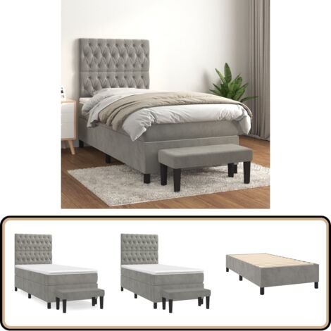 Sommier à lattes de lit et matelas Gris clair 90x200 cm Velours - Lit Plateforme - Lit Velours - Lit Double - Lit Design - Literie