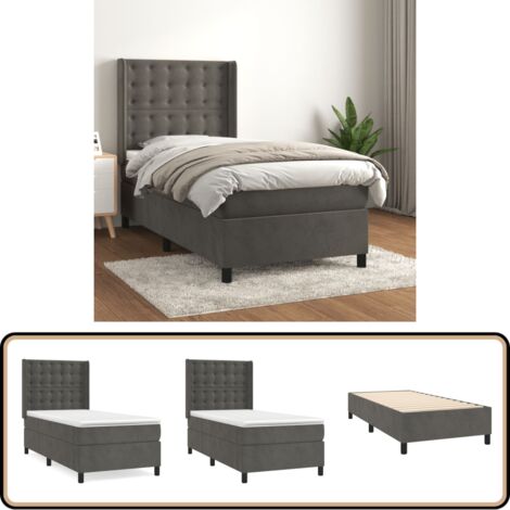Sommier à lattes de lit et matelas Gris foncé 90x190 cm Velours - Lit Tapissier - Lit Velours - Lit Double - Literie - Chambre À Coucher