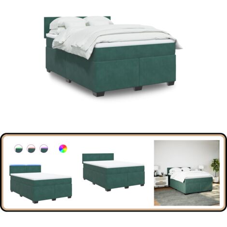Sommier à lattes de lit et matelas Vert foncé 140x190cm Velours - Lit Plateforme - Lit Design - Lit Moderne - Lit Velours - Lit Avec Éclairage Led