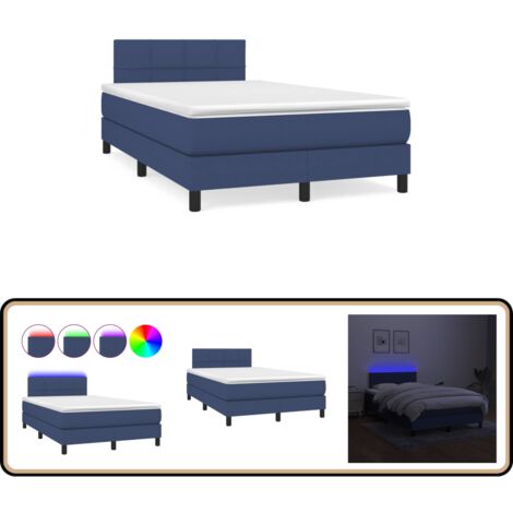 Sommier à lattes de lit matelas et LED bleu 120x190 cm tissu - Sommier Tapissier - Lit Bleu - Matelas Ressort Ensaché - LED - Chambre À Coucher