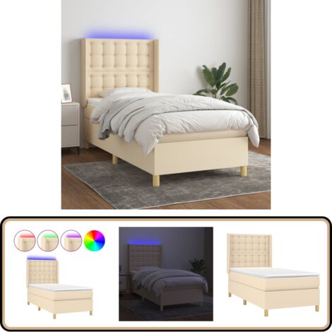 Sommier à lattes de lit matelas et LED Crème 90x190 cm Tissu - Sommier Tapissier - Lit Plateforme - Lit Avec Led - Matelas À Ressorts Ensachés - Têtière Ajustable