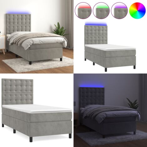 Sommier à lattes de lit matelas et LED Gris clair 100x200 cm - Lit Plateforme - Lit Capitonné - Lit Design - Lit Velours - Lit Avec Éclairage Led - Home & Living