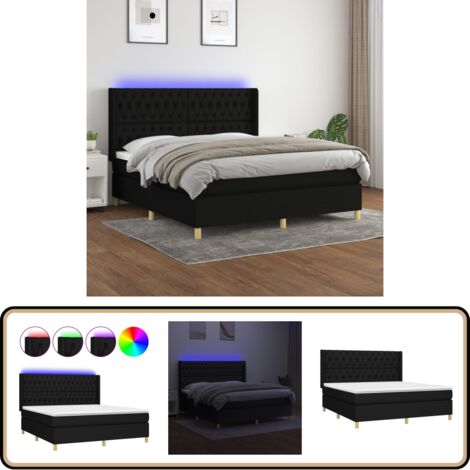 Sommier à lattes de lit matelas et LED Noir 160x200 cm Tissu - Sommier Tapissier - Lit Avec Led - Matelas À Ressorts Ensachés - Tête De Lit Ajustable - Éclairage LED