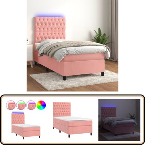Sommier à lattes de lit matelas et LED Rose 90x200 cm Velours - Lit Plateforme - Lit Capitonné - Lit Design - Lit Double - Sommier Tapissier