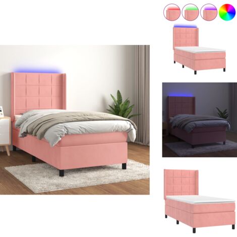 Sommier à lattes de lit matelas et LED Rose 90x200 cm Velours - Sommier Tapissier - Lit Capitonné - Lit Avec Led - Matelas Inclus - Tête De Lit Ajustable