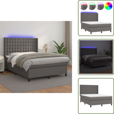 Sommier à lattes de lit matelas LED Gris 140x190cm Similicuir - Lit Plateforme - Lit Capitonné - Lit Design - Lit Moderne - Lit Double