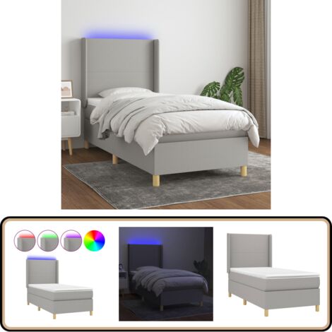 Sommier à lattes de lit matelas LED Gris clair 100x200 cm Tissu - Sommier Tapissier - Lit Plateforme - Lit Avec Led - Matelas À Ressorts Ensachés - Têtière Ajustable