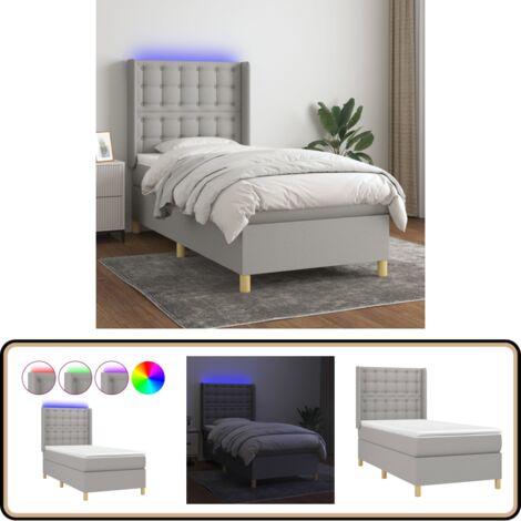 Sommier à lattes de lit matelas LED Gris clair 90x190cm Tissu - Sommier Tapissier - Lit Plateforme - Lit Avec Rangement - Matelas À Ressorts Ensachés - Éclairage LED
