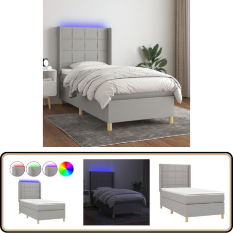 Sommier à lattes de lit matelas LED Gris clair 90x200cm Tissu - Sommier Tapissier - Lit Avec LED - Matelas À Ressorts Ensachés - Têted Lit Ajustable - Éclairage LED