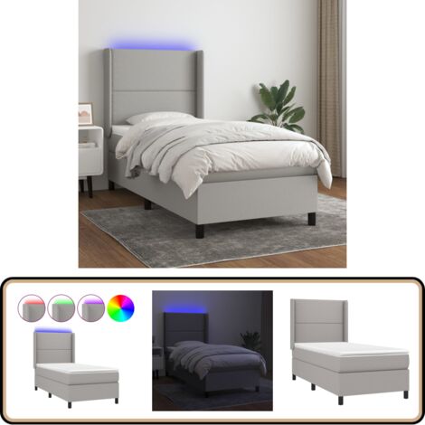 Sommier à lattes de lit matelas LED Gris clair 90x200cm Tissu - Sommier Tapissier - Lit Avec Led - Matelas À Ressorts Ensachés - Têted Lit Ajustable - Éclairage LED