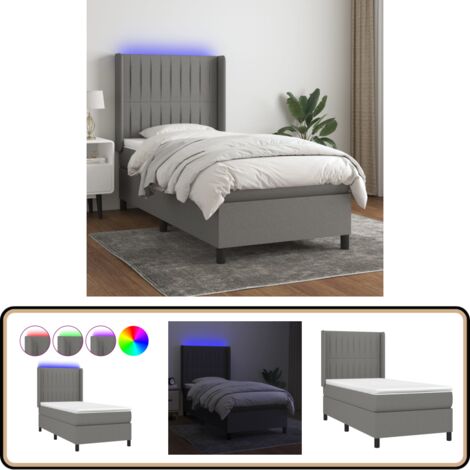Sommier à lattes de lit matelas LED Gris foncé 90x190cm Tissu - Sommier Tapissier - Lit Avec Led - Matelas À Ressorts Ensachés - Têted Lit Ajustable - Éclairage LED