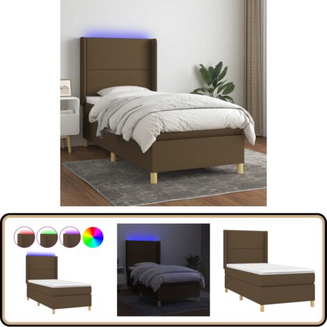 Sommier à lattes de lit matelas LED Marron foncé 90x190cm Tissu - Sommier Tapissier - Lit Avec Led - Matelas À Ressorts Ensachés - Têted Lit Ajustable - Éclairage LED