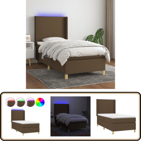 Sommier à lattes de lit matelas LED Marron foncé 90x200cm Tissu - Sommier Tapissier - Lit Plateforme - Lit Avec Led - Matelas À Ressorts Ensachés - Têtière Ajustable