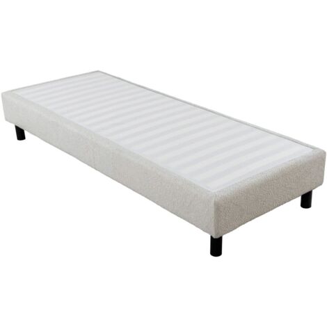 Sommier déco en Kit + pieds 90x190 - Newkit 20 lattes bois - Tissu crème - H. 18 cm
