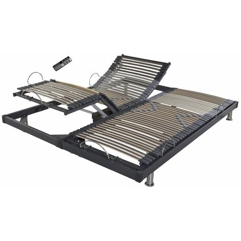 Sommier électrique S50 -Lattes bois -Réglage fermeté zone lombaires -2x80x200 -Gris