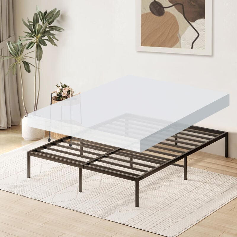 Sommier et matelas 140x190, Cadre de lit en métal, Matelas Mousse Épaisseur 25cm, Lit adulte sans Tête de lit, Noir