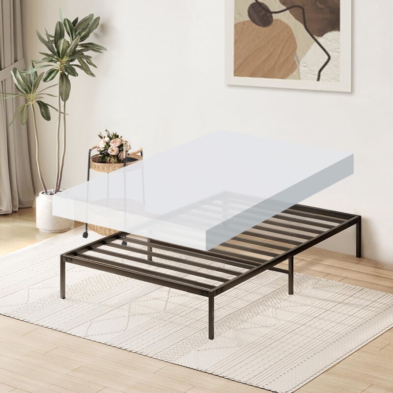 Sommier et matelas 90x190, Cadre de lit en métal, Matelas Mousse avec Couette et Oreiller, Épaisseur 15cm, Lit adulte sans Tête de lit, Noir