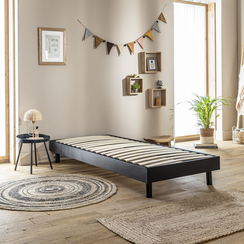 Sommier kit enfant en bois massif noir 90x200