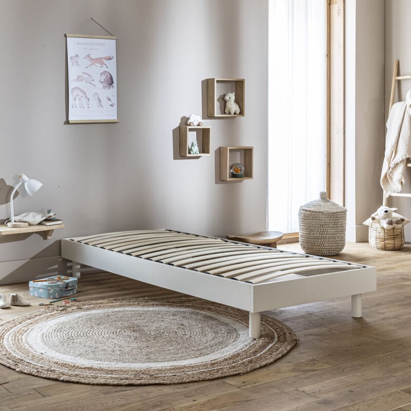 Sommier kit enfant en bois massif blanc cassé 90x200
