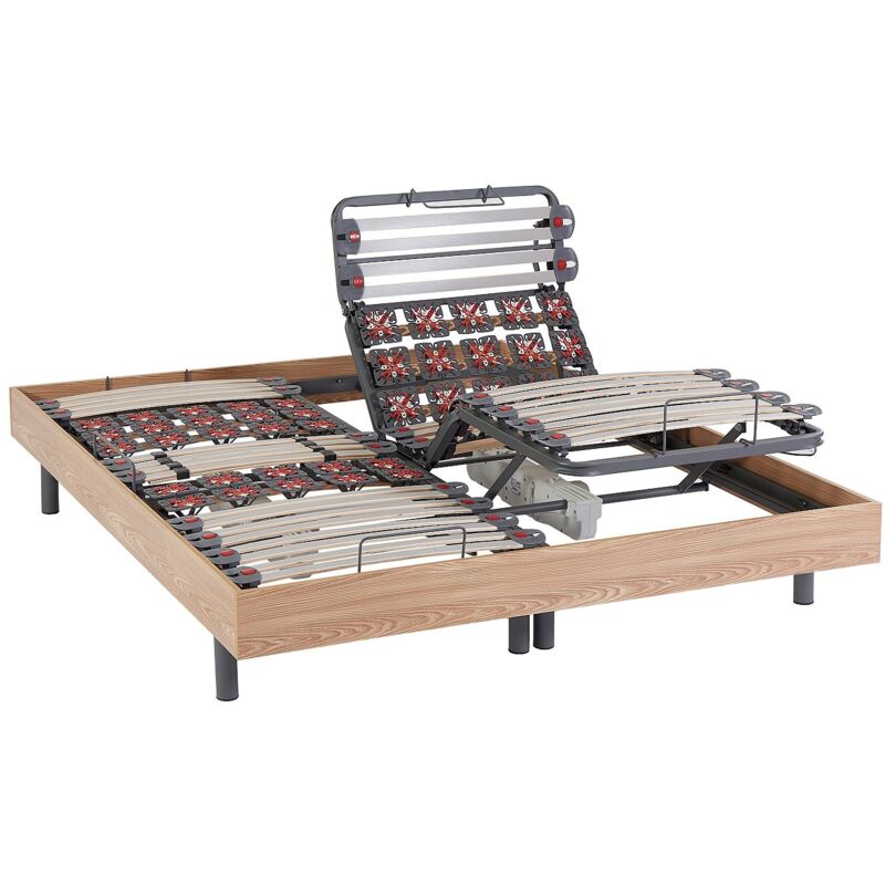 Vente-Unique – Sommier électrique de relaxation 2 places 80x200 cm – Lattes et plots pour soutien optimal – Chêne naturel – Moteur double avec