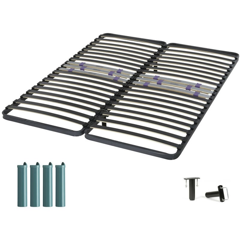 Sommier à lattes + pieds 2x80x200 C223 - 42 lattes bois - Fabrication française