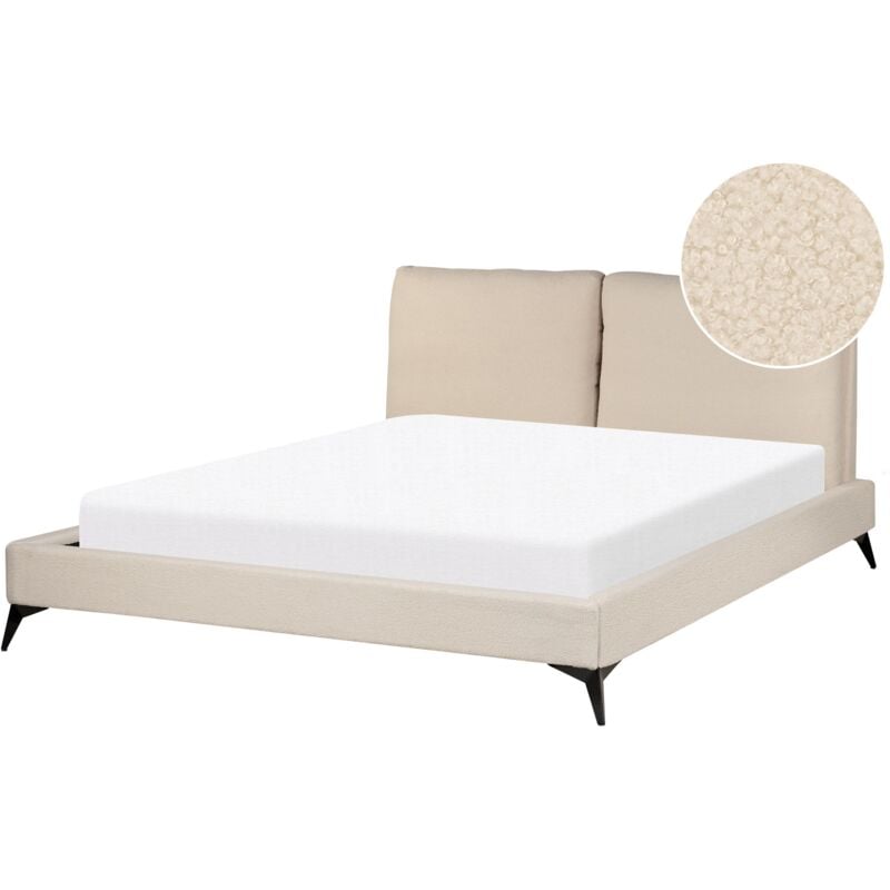 Sommier pour Lit Double 160 x 200 cm en Tissu Bouclé Beige Tête de Lit Haute Melle