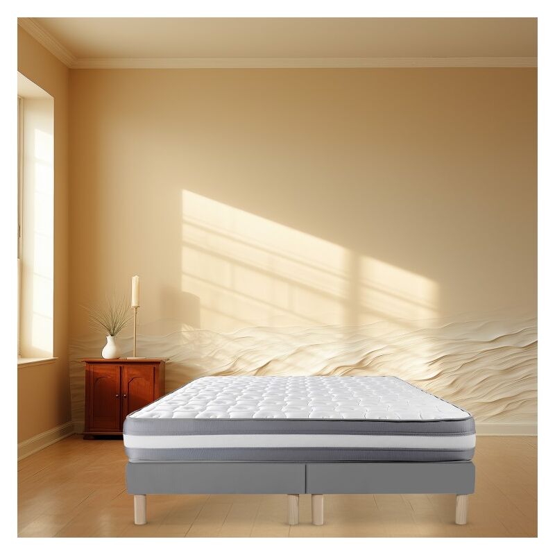 Sommier tapissier gris 140X190FABRICATION francaise artisanalepieds offerthauteur avec pieds 27CM