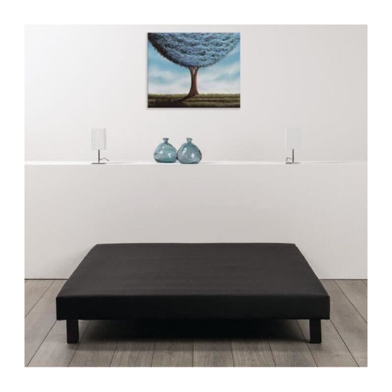Sommier tapissier a lattes 160 x 200 - Bois massif noir + pieds - Rakenne