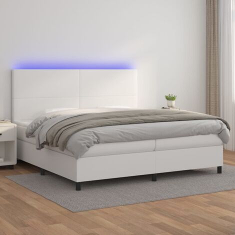 Sommier tapissier et matelas et LED, Lit Adulte, Lit double Blanc 200x200 cm Similicuir BVM50141
