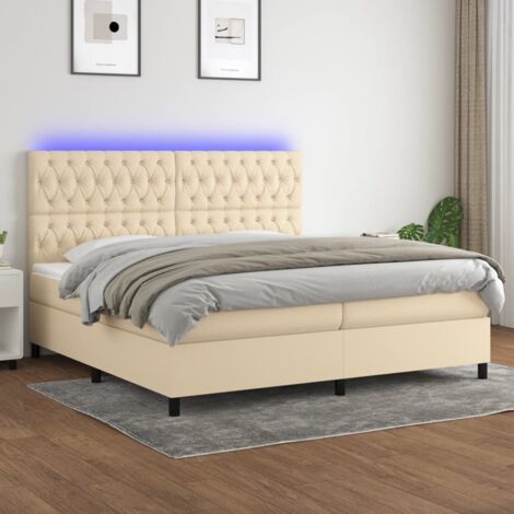 Sommier tapissier et matelas et LED, Lit Adulte, Lit double Crème 200x200 cm Tissu BVM22615