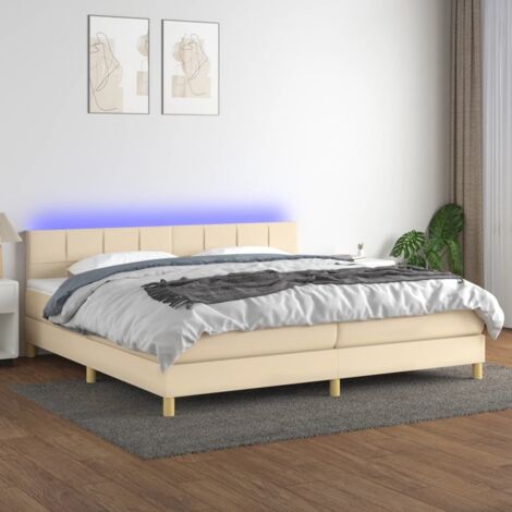 Sommier tapissier et matelas et LED, Lit Adulte, Lit double Crème 200x200 cm Tissu BVM58969