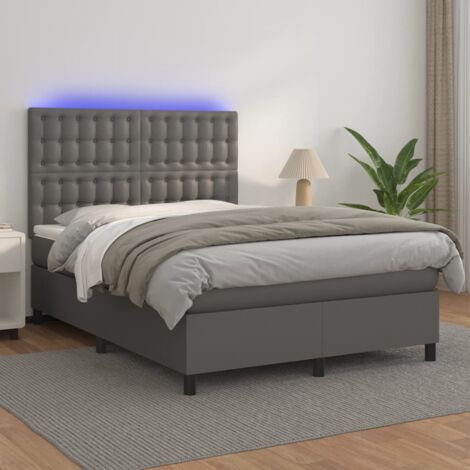 Sommier Tapissier + Matelas + LED,Lit adulte Simple Durable Gris 140x190cm Similicuir -13018