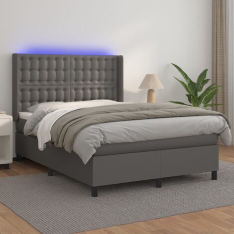 Sommier Tapissier + Matelas + LED,Lit adulte Simple Durable Gris 140x190cm Similicuir -91591