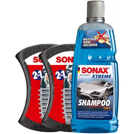 SONAX XTREME Shampoo 215300 - 2 in 1 - 1 Liter inkl. 2x Multischwamm, lackreiniger, Autoshampoo
