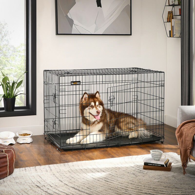 Songmics - Cage pour Chien Pliable feandrea - Noir - Avec 2 Portes - Plateau Amovible - 122 x 74,5 x 80,5 cm - Taille xxl