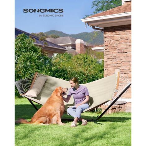 Amaca Doppia Imbottita SONGMICS Con Barre In Bambù - Portata 225kg, Blu E Beige, Per Giardino E Campeggio - Foto 9
