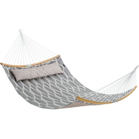 SONGMICS Amaca in Tessuto Trapuntato con Aste Curve in Bamboo Rimovibili, Cuscino, 200 x 140 cm, Capacità di Carico da 225 kg, Grigio e Rombi Beige GDC034G02