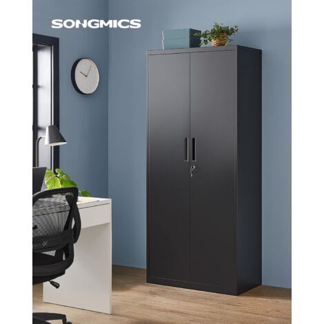 SONGMICS Armadio in Metallo, Armadietto Multiuso, con 5 Ripiani, 40 x 80 x 180 cm, Anta Doppia e Chiusura, Mobiletto per Strumenti, per Garage Ufficio Studio, Nero Opaco
