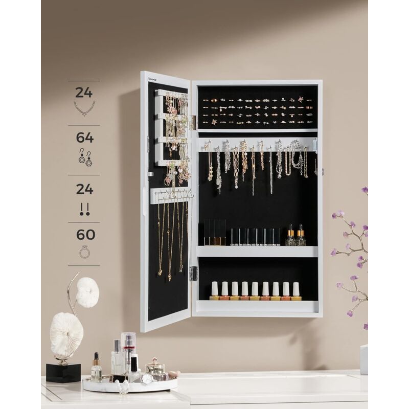 Armoire à Bijoux, Armoire de Rangement Mural avec Serrure, 37 x 10 x 67 cm (l x l x h), Blanc