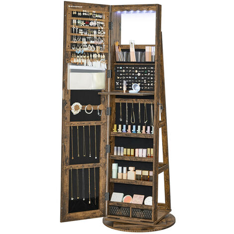 Songmics – Armoire à bijoux avec miroir sur pieds – Verrouillable – 6 LED – Rangement pivotant 360° – 3 étagères – MDF marron rustique – Doublure en velours noir