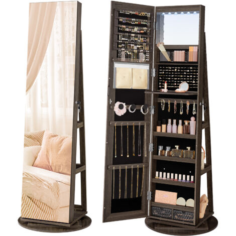 SONGMICS Armoire à Bijoux avec Miroir sur Pieds, Verrouillable, avec 6 LED, Rangement Bijoux Pivotant 360°, Miroir Psyché sans Cadre, 3 Étagères, Surface en Noir Cendré, Doublure en Noir