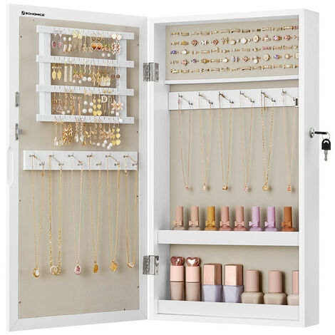 Songmics – Armoire à bijoux murale verrouillable avec miroir – Surface blanche et doublure en velours – Rangement compact 10x37x67cm