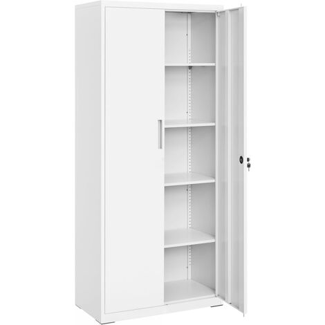 Songmics – Armoire de rangement en acier 180 cm – 5 étagères réglables – Doubles portes avec serrure – Pour garage ou bureau – Blanc grisâtre